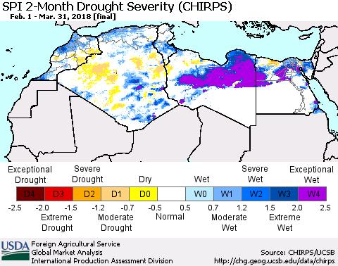 North Africa SPI 2-Month Drought Severity (CHIRPS) Thematic Map For 2/1/2018 - 3/31/2018