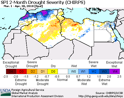 North Africa SPI 2-Month Drought Severity (CHIRPS) Thematic Map For 3/1/2018 - 4/30/2018