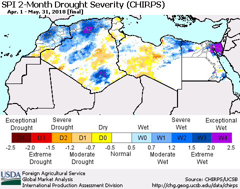 North Africa SPI 2-Month Drought Severity (CHIRPS) Thematic Map For 4/1/2018 - 5/31/2018