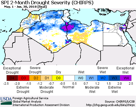 North Africa SPI 2-Month Drought Severity (CHIRPS) Thematic Map For 5/1/2018 - 6/30/2018