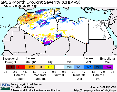 North Africa SPI 2-Month Drought Severity (CHIRPS) Thematic Map For 6/1/2018 - 7/31/2018
