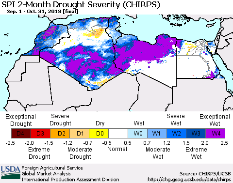 North Africa SPI 2-Month Drought Severity (CHIRPS) Thematic Map For 9/1/2018 - 10/31/2018