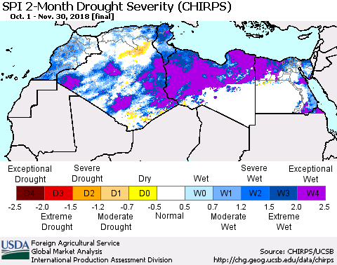 North Africa SPI 2-Month Drought Severity (CHIRPS) Thematic Map For 10/1/2018 - 11/30/2018