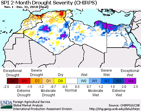 North Africa SPI 2-Month Drought Severity (CHIRPS) Thematic Map For 11/1/2018 - 12/31/2018