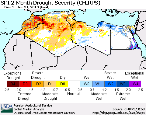 North Africa SPI 2-Month Drought Severity (CHIRPS) Thematic Map For 12/1/2018 - 1/31/2019