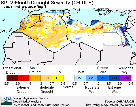North Africa SPI 2-Month Drought Severity (CHIRPS) Thematic Map For 1/1/2019 - 2/28/2019