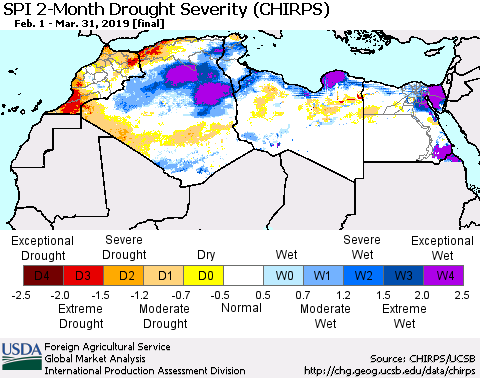 North Africa SPI 2-Month Drought Severity (CHIRPS) Thematic Map For 2/1/2019 - 3/31/2019