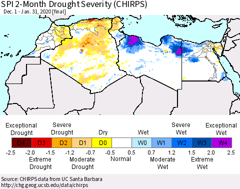 North Africa SPI 2-Month Drought Severity (CHIRPS) Thematic Map For 12/1/2019 - 1/31/2020