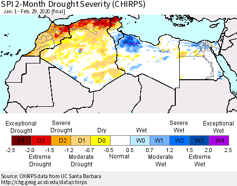 North Africa SPI 2-Month Drought Severity (CHIRPS) Thematic Map For 1/1/2020 - 2/29/2020