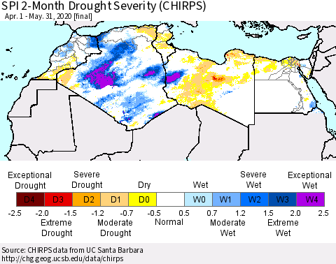 North Africa SPI 2-Month Drought Severity (CHIRPS) Thematic Map For 4/1/2020 - 5/31/2020