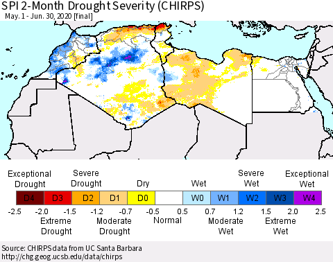 North Africa SPI 2-Month Drought Severity (CHIRPS) Thematic Map For 5/1/2020 - 6/30/2020