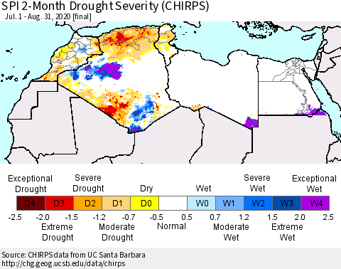 North Africa SPI 2-Month Drought Severity (CHIRPS) Thematic Map For 7/1/2020 - 8/31/2020