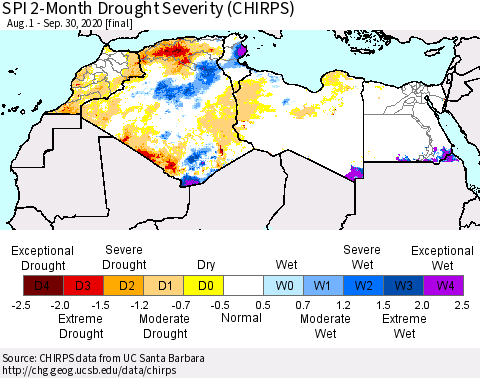North Africa SPI 2-Month Drought Severity (CHIRPS) Thematic Map For 8/1/2020 - 9/30/2020
