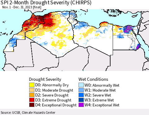 North Africa SPI 2-Month Drought Severity (CHIRPS) Thematic Map For 11/1/2023 - 12/31/2023