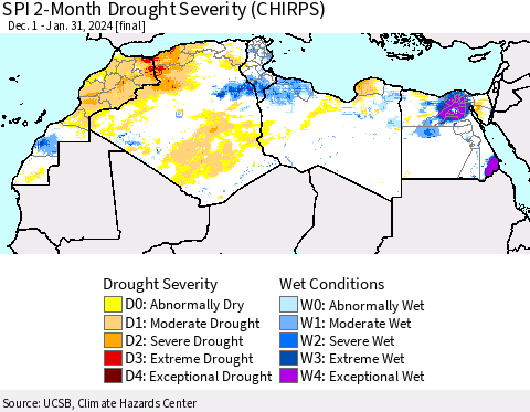North Africa SPI 2-Month Drought Severity (CHIRPS) Thematic Map For 12/1/2023 - 1/31/2024
