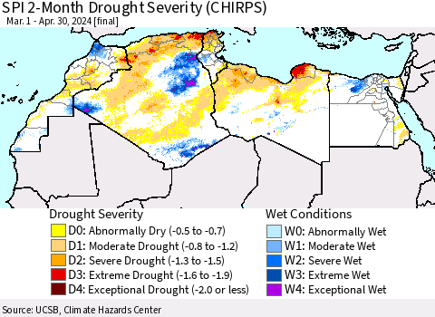 North Africa SPI 2-Month Drought Severity (CHIRPS) Thematic Map For 3/1/2024 - 4/30/2024