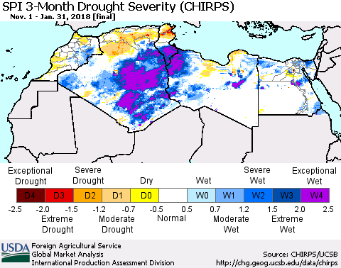 North Africa SPI 3-Month Drought Severity (CHIRPS) Thematic Map For 11/1/2017 - 1/31/2018