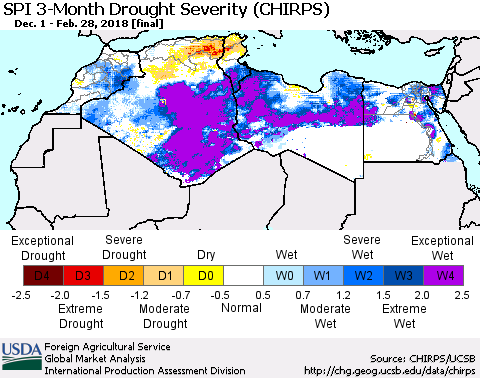 North Africa SPI 3-Month Drought Severity (CHIRPS) Thematic Map For 12/1/2017 - 2/28/2018