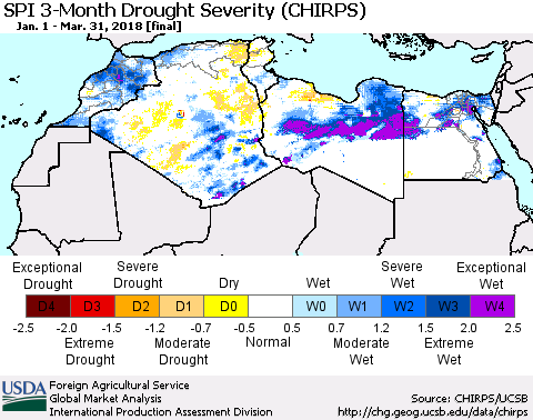 North Africa SPI 3-Month Drought Severity (CHIRPS) Thematic Map For 1/1/2018 - 3/31/2018