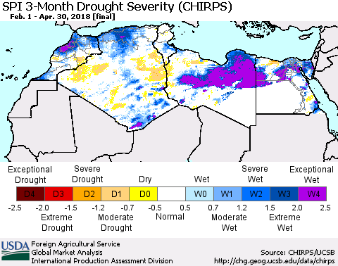North Africa SPI 3-Month Drought Severity (CHIRPS) Thematic Map For 2/1/2018 - 4/30/2018