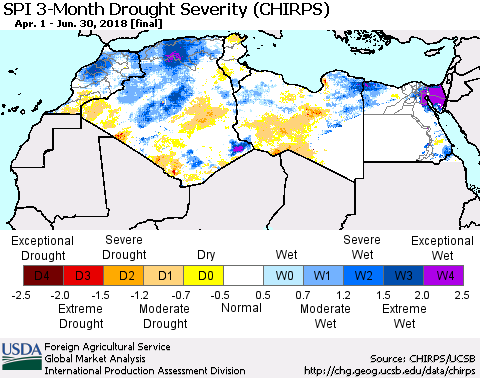 North Africa SPI 3-Month Drought Severity (CHIRPS) Thematic Map For 4/1/2018 - 6/30/2018