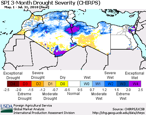 North Africa SPI 3-Month Drought Severity (CHIRPS) Thematic Map For 5/1/2018 - 7/31/2018
