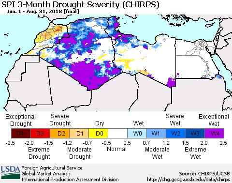 North Africa SPI 3-Month Drought Severity (CHIRPS) Thematic Map For 6/1/2018 - 8/31/2018