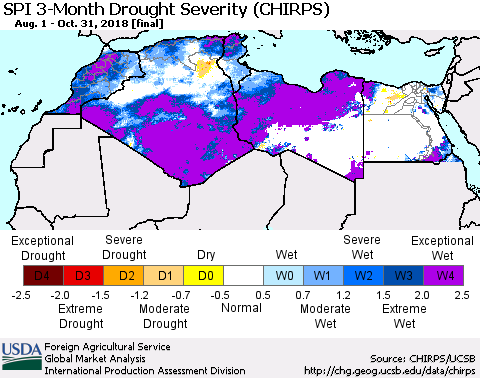North Africa SPI 3-Month Drought Severity (CHIRPS) Thematic Map For 8/1/2018 - 10/31/2018