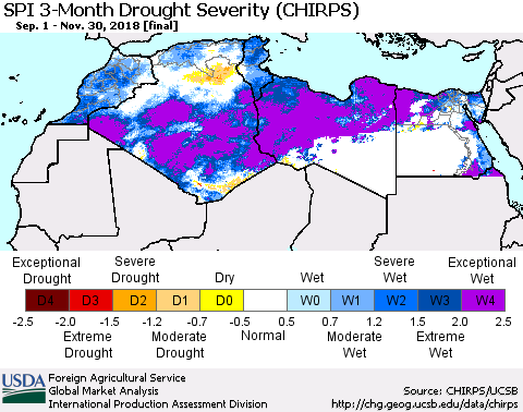 North Africa SPI 3-Month Drought Severity (CHIRPS) Thematic Map For 9/1/2018 - 11/30/2018