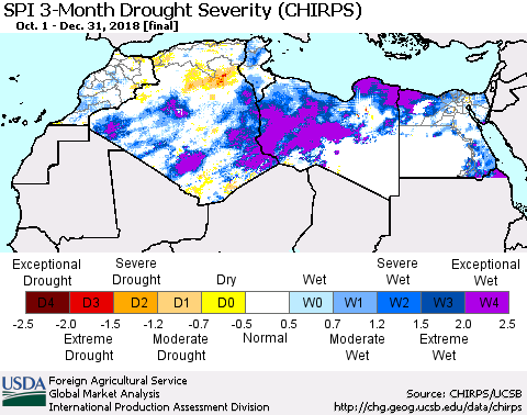 North Africa SPI 3-Month Drought Severity (CHIRPS) Thematic Map For 10/1/2018 - 12/31/2018
