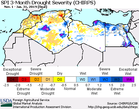 North Africa SPI 3-Month Drought Severity (CHIRPS) Thematic Map For 11/1/2018 - 1/31/2019