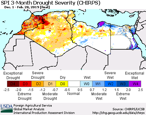 North Africa SPI 3-Month Drought Severity (CHIRPS) Thematic Map For 12/1/2018 - 2/28/2019