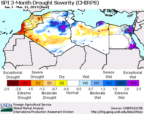 North Africa SPI 3-Month Drought Severity (CHIRPS) Thematic Map For 1/1/2019 - 3/31/2019