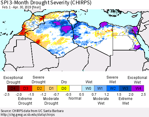 North Africa SPI 3-Month Drought Severity (CHIRPS) Thematic Map For 2/1/2019 - 4/30/2019
