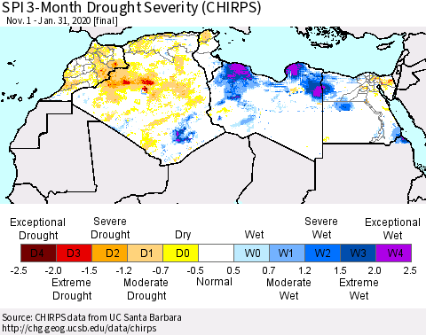 North Africa SPI 3-Month Drought Severity (CHIRPS) Thematic Map For 11/1/2019 - 1/31/2020