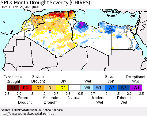 North Africa SPI 3-Month Drought Severity (CHIRPS) Thematic Map For 12/1/2019 - 2/29/2020