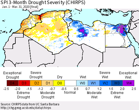 North Africa SPI 3-Month Drought Severity (CHIRPS) Thematic Map For 1/1/2020 - 3/31/2020
