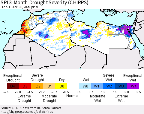 North Africa SPI 3-Month Drought Severity (CHIRPS) Thematic Map For 2/1/2020 - 4/30/2020