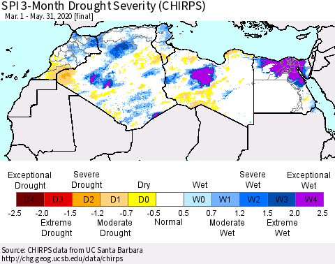 North Africa SPI 3-Month Drought Severity (CHIRPS) Thematic Map For 3/1/2020 - 5/31/2020