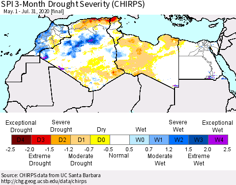 North Africa SPI 3-Month Drought Severity (CHIRPS) Thematic Map For 5/1/2020 - 7/31/2020
