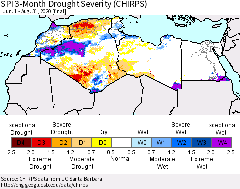 North Africa SPI 3-Month Drought Severity (CHIRPS) Thematic Map For 6/1/2020 - 8/31/2020