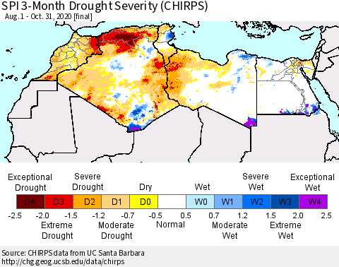 North Africa SPI 3-Month Drought Severity (CHIRPS) Thematic Map For 8/1/2020 - 10/31/2020