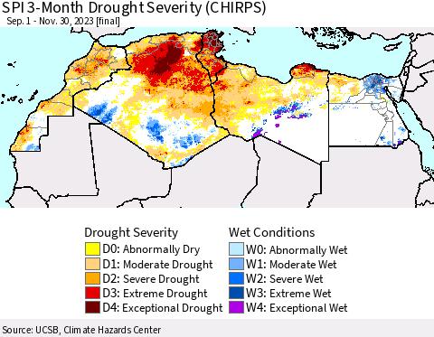 North Africa SPI 3-Month Drought Severity (CHIRPS) Thematic Map For 9/1/2023 - 11/30/2023