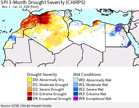 North Africa SPI 3-Month Drought Severity (CHIRPS) Thematic Map For 11/1/2023 - 1/31/2024
