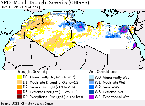 North Africa SPI 3-Month Drought Severity (CHIRPS) Thematic Map For 12/1/2023 - 2/29/2024