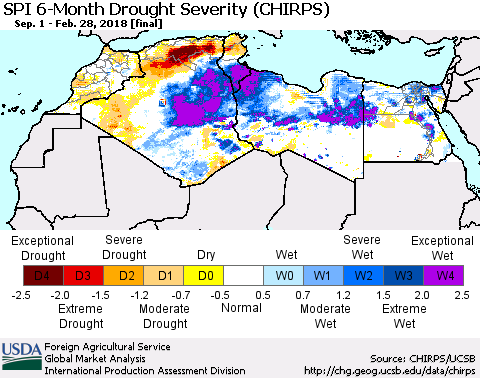 North Africa SPI 6-Month Drought Severity (CHIRPS) Thematic Map For 9/1/2017 - 2/28/2018