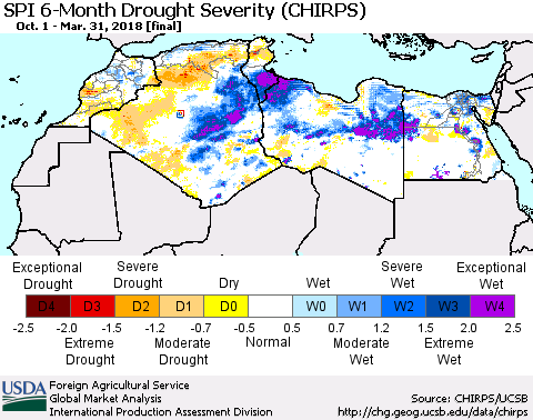 North Africa SPI 6-Month Drought Severity (CHIRPS) Thematic Map For 10/1/2017 - 3/31/2018