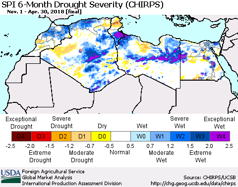 North Africa SPI 6-Month Drought Severity (CHIRPS) Thematic Map For 11/1/2017 - 4/30/2018
