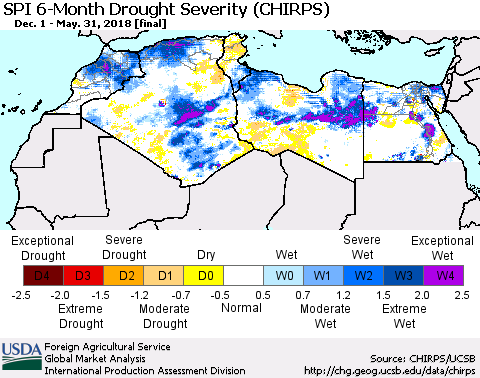 North Africa SPI 6-Month Drought Severity (CHIRPS) Thematic Map For 12/1/2017 - 5/31/2018