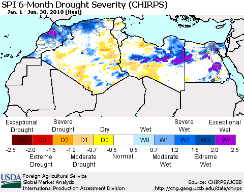 North Africa SPI 6-Month Drought Severity (CHIRPS) Thematic Map For 1/1/2018 - 6/30/2018